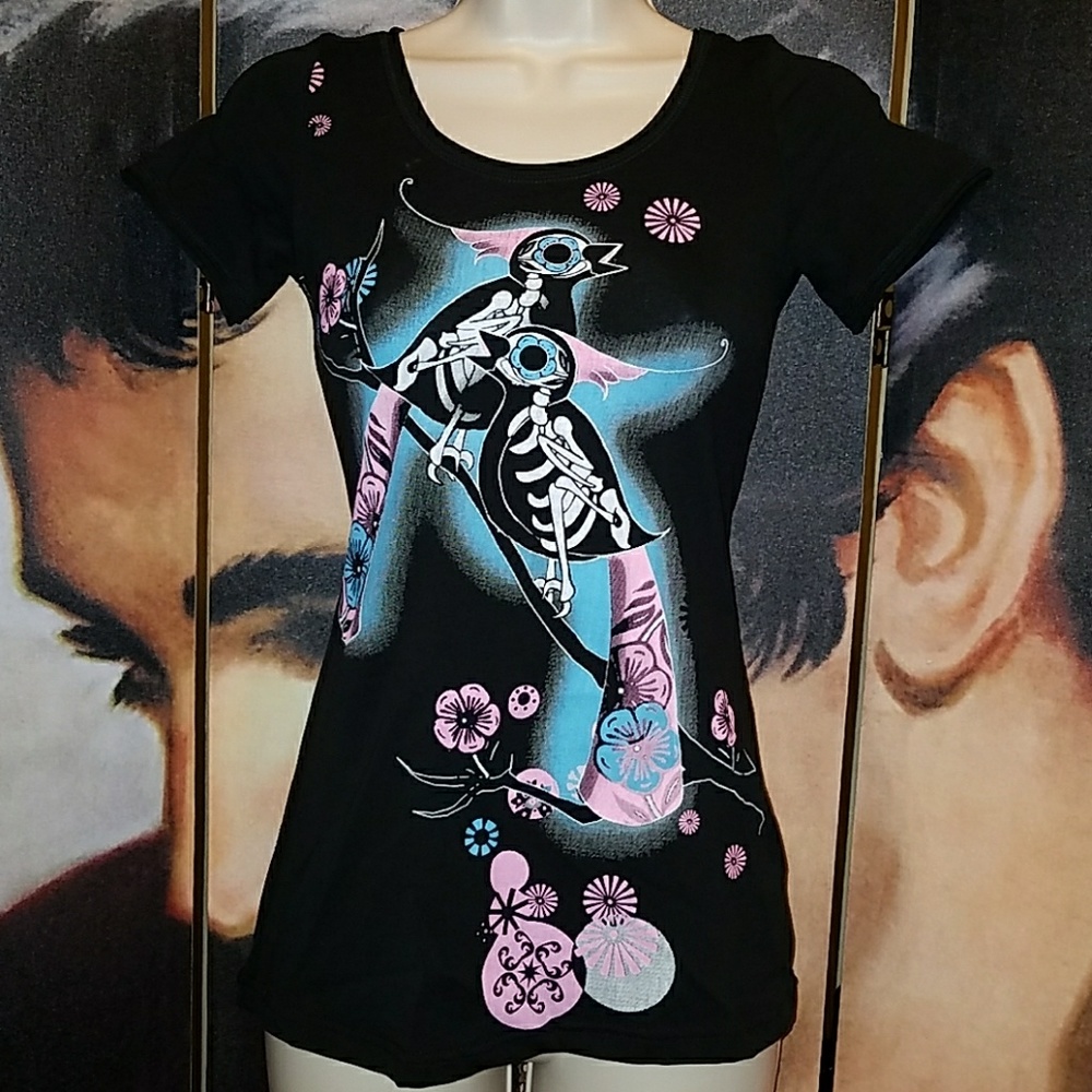 Too Fast Skeleton Bird Top w Black Lace Back Large Pink Polka Dot Bow - Picture 2 of 8